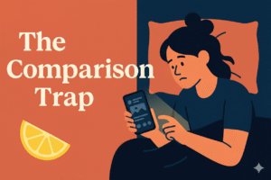 Woman lying in bed at night scrolling her phone, anxious expression, lemon slice illustration.