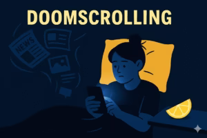 Person lying in bed at night scrolling phone, face lit by screen glow, yellow pillow and lemon wedge on bedside table.