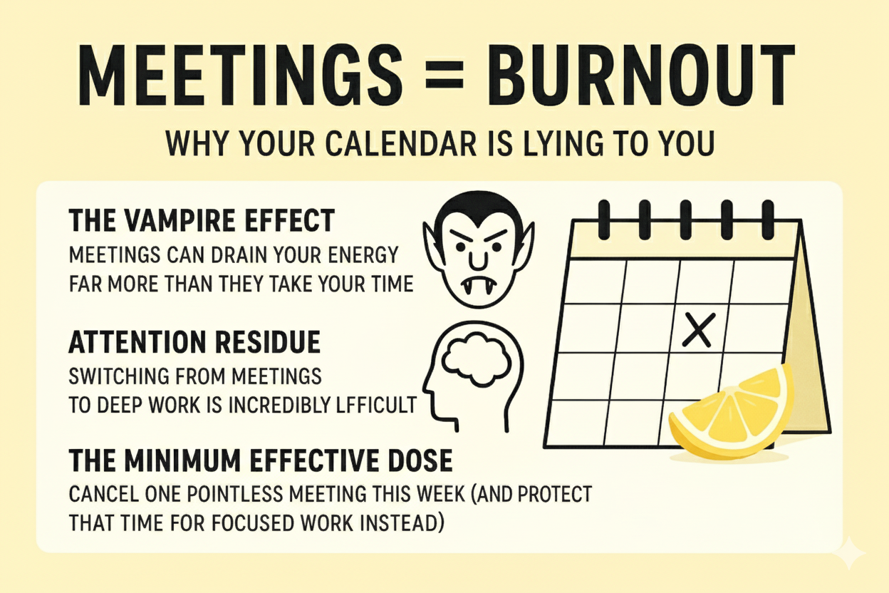 Infographic showing vampire, brain, and calendar with lemon slice, illustrating meetings as energy vampires.
