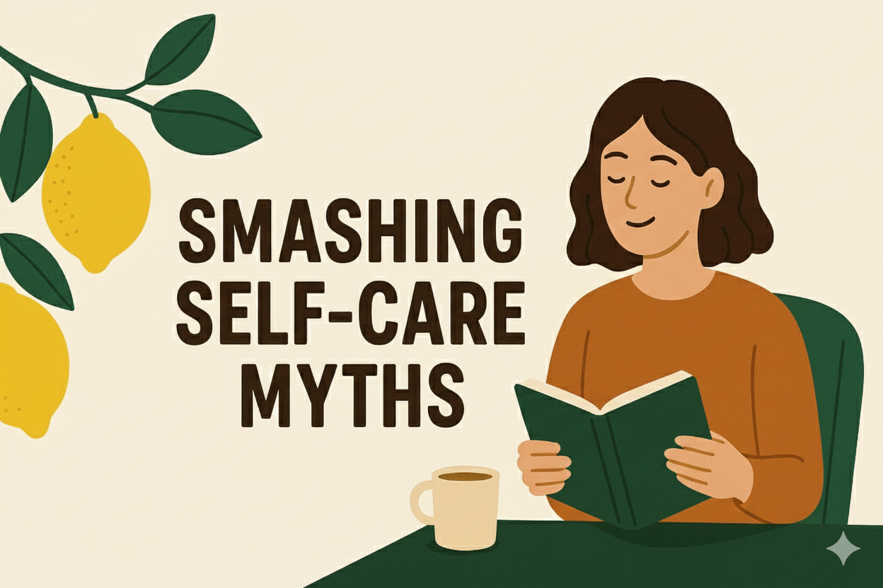Woman reading a book at desk with coffee, lemon branch above, text reads “Smashing Self-Care Myths.”