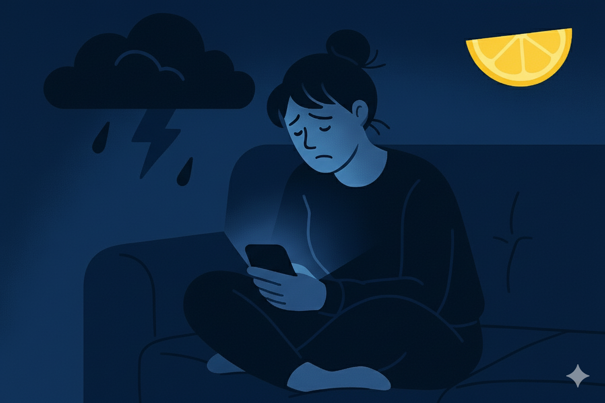 Woman sitting on sofa at night, scrolling phone under storm cloud, lemon slice in corner.