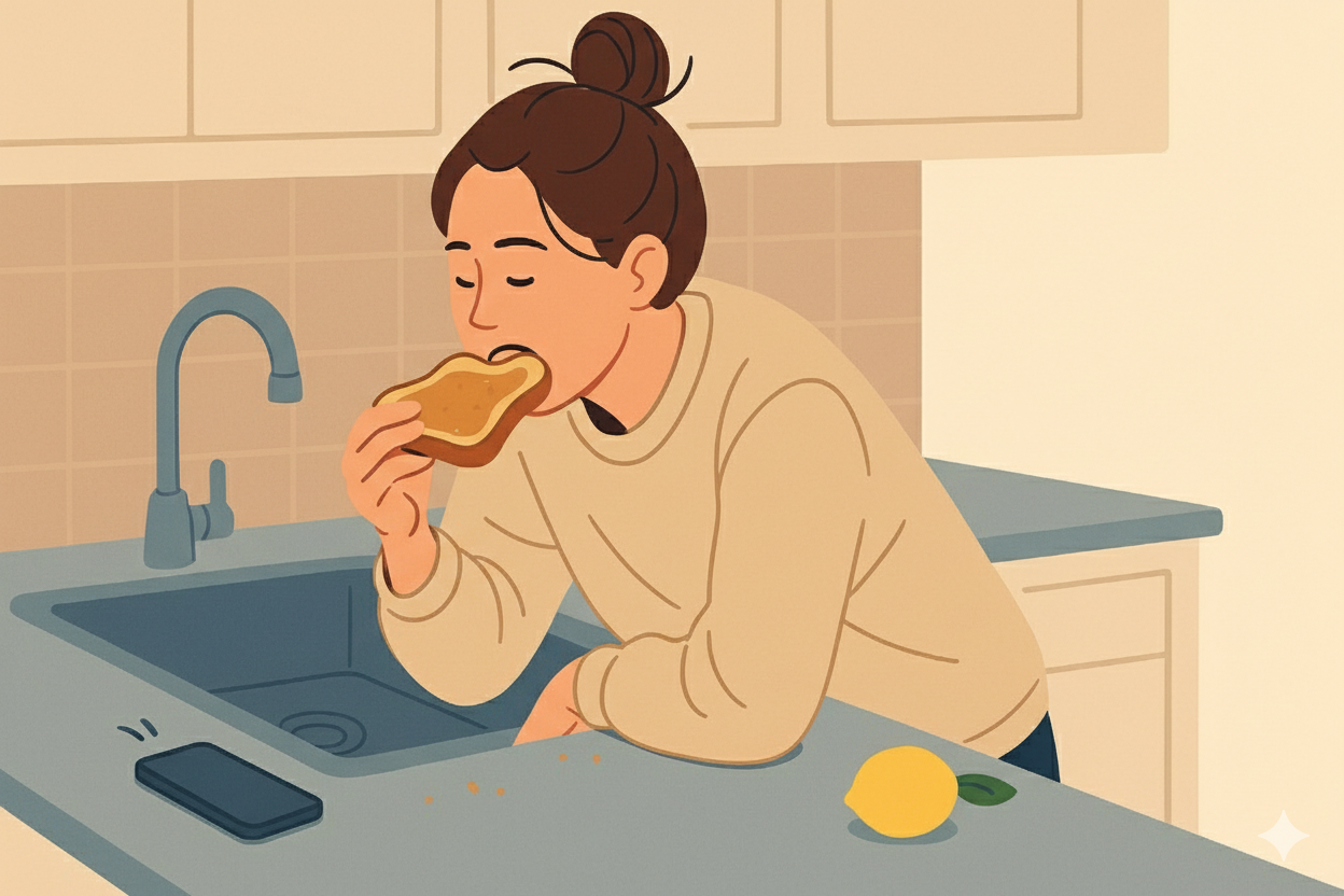 Woman in jumper eating toast over kitchen sink, phone buzzing on counter, lemon nearby.